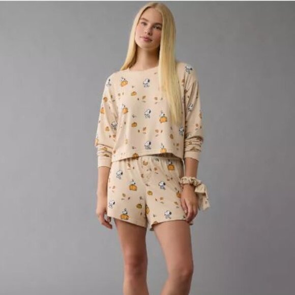 NEW American Eagle Peanuts Fall Pumpkin Plush Snoopy & Woodstock PJ Set XXL - Picture 1 of 7